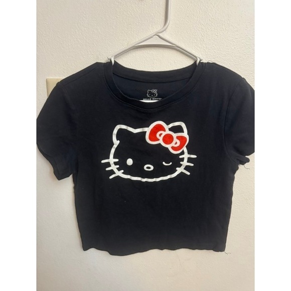 Sanrio Other - Hello Kitty Sanrio Kids Black Graphic Crop Tee Winking Face Red Bow Size L (D)